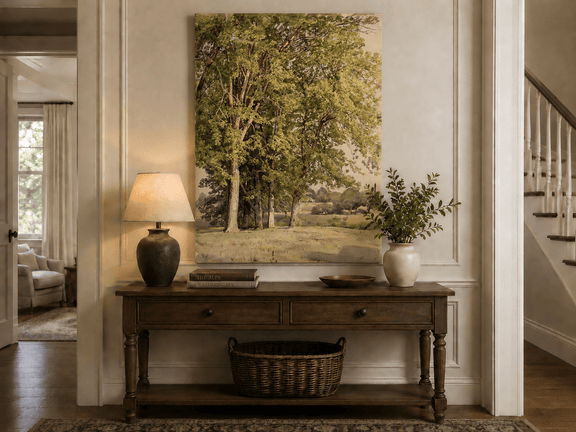 Unframed hand-painted rural landscape oil painting with leafy trees and a grassy field displayed above an entryway console table.