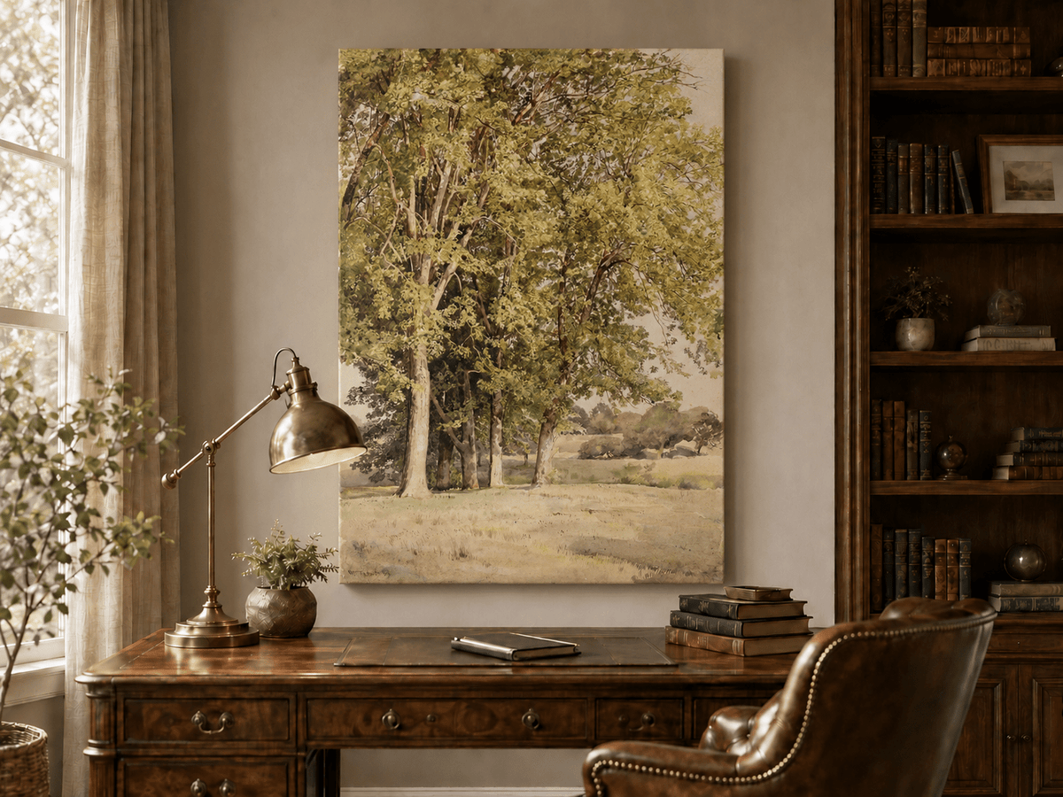 Unframed hand-painted rural landscape oil painting with leafy trees and a grassy field displayed above a traditional home office desk.