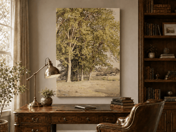 Unframed hand-painted rural landscape oil painting with leafy trees and a grassy field displayed above a traditional home office desk.