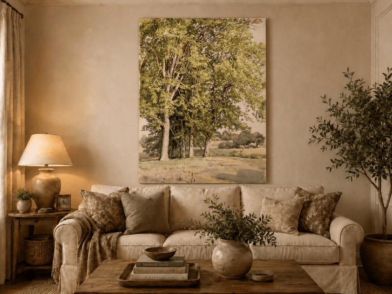 Unframed hand-painted rural landscape oil painting with leafy trees and a grassy field displayed above a neutral living room sofa.