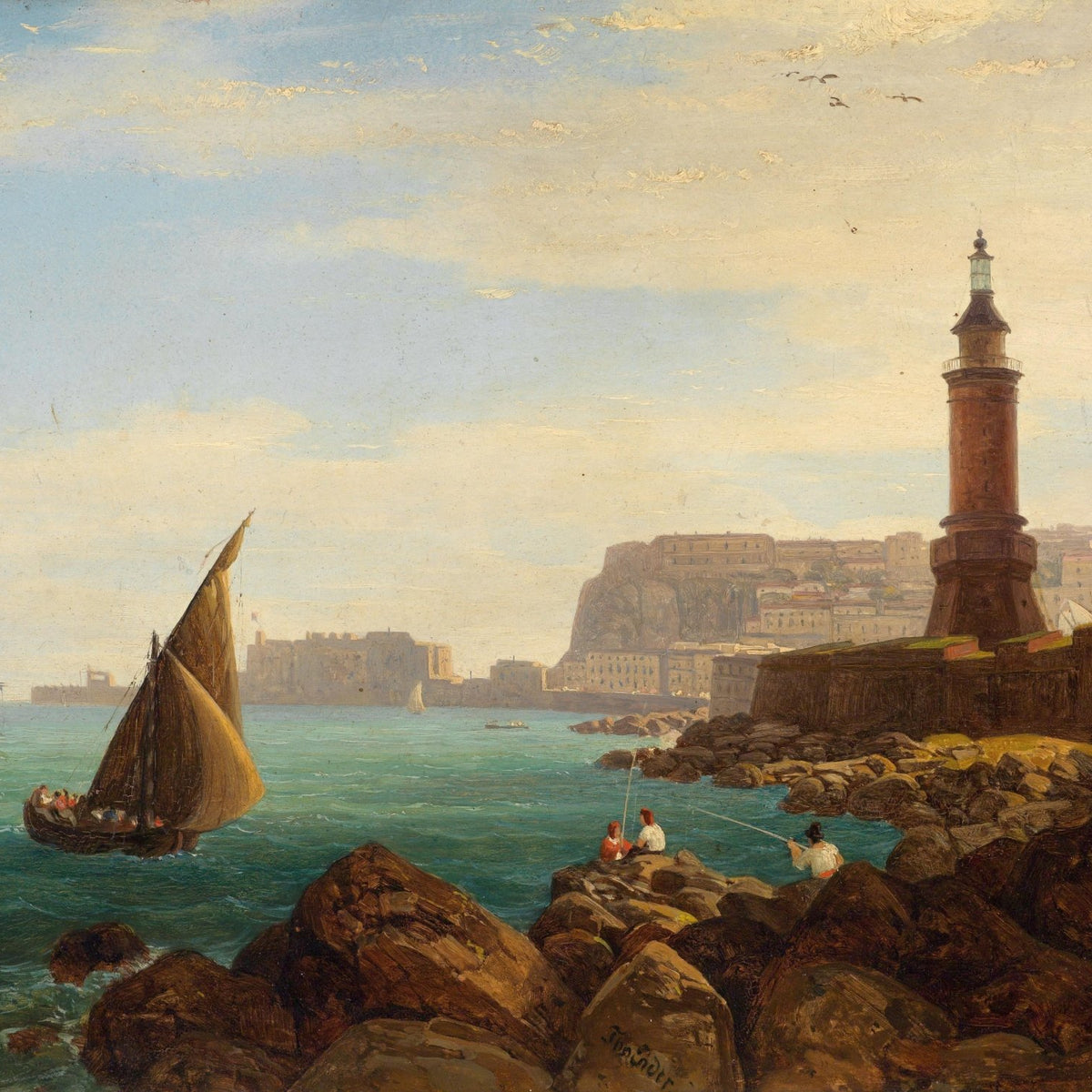 Hand-painted lighthouse and coastal harbor view nautical oil painting on canvas