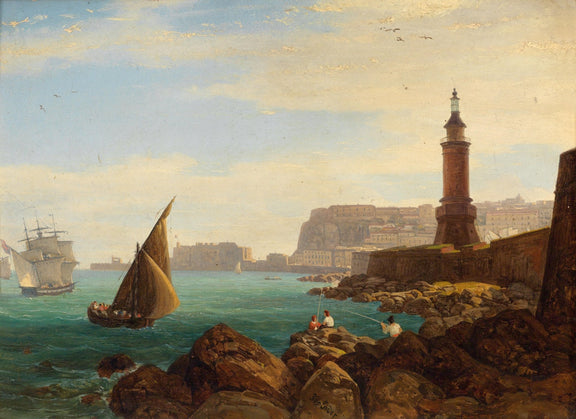 Hand-painted lighthouse and coastal harbor view nautical oil painting on canvas