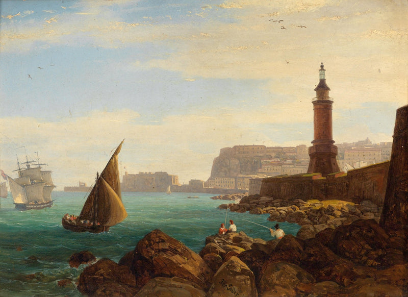 Hand-painted lighthouse and coastal harbor view nautical oil painting on canvas