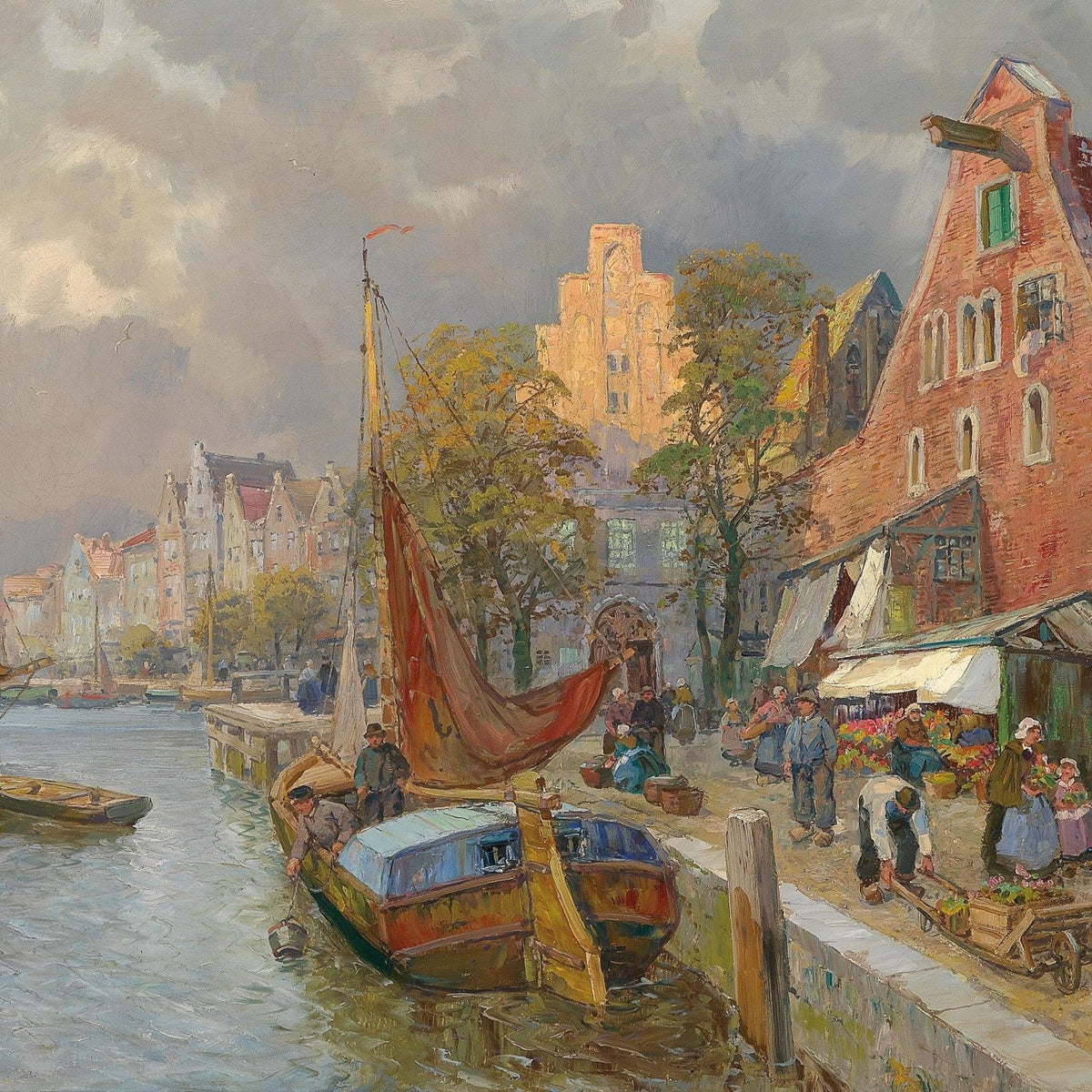 Lively European Canal Market, Boats, Figures – Landscape Oil Painting - Oil Painting Haven