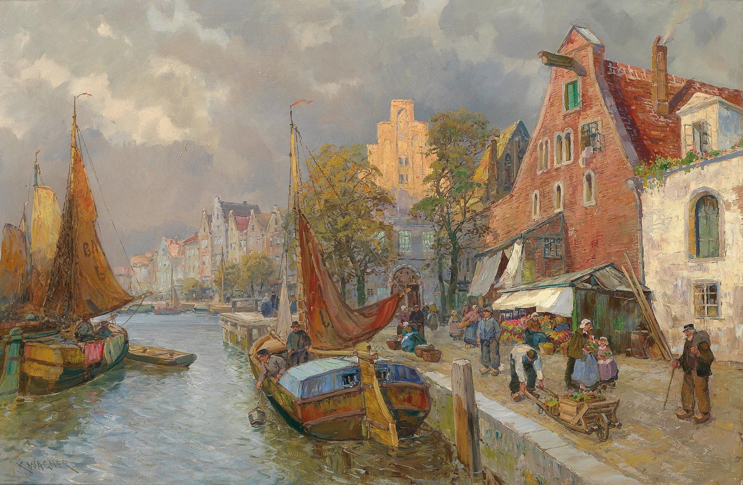 Lively European Canal Market, Boats, Figures – Landscape Oil Painting - Oil Painting Haven