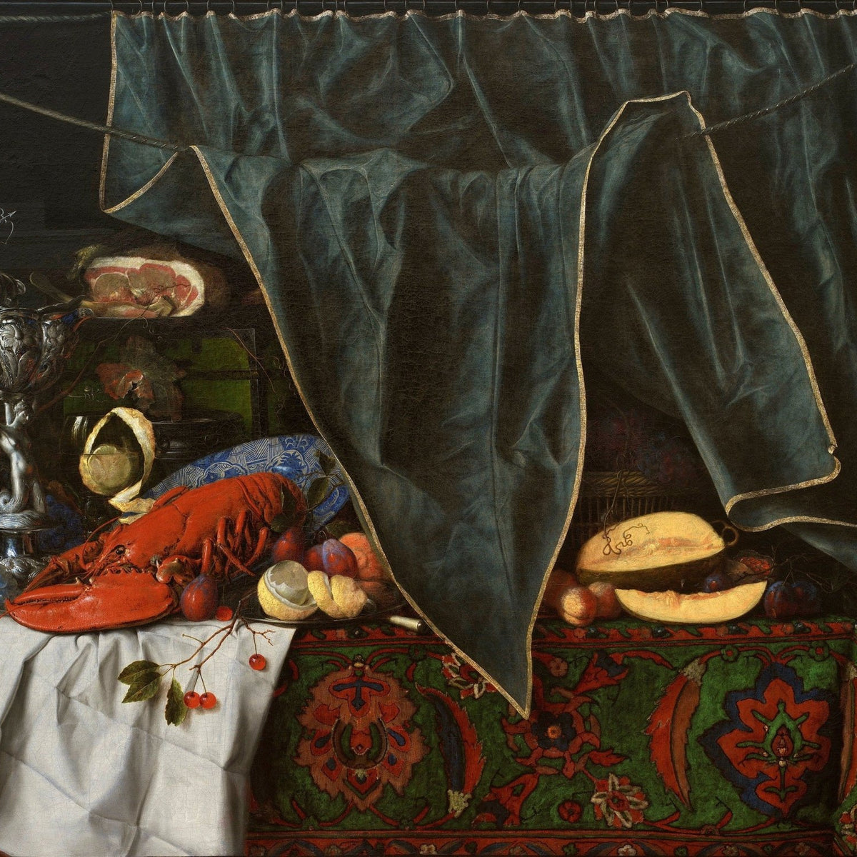 Lobster, Silver Goblet and Fruit Table - Still Life Oil Painting - Oil Painting Haven