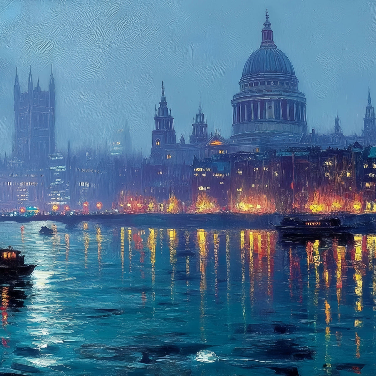 London Thames Nightscape Original Oil Painting For Sale - Oil Painting Haven