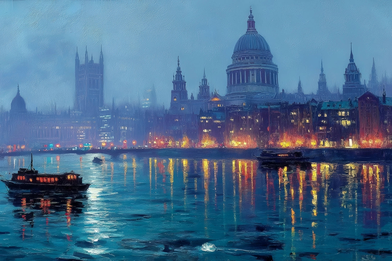 London Thames Nightscape Original Oil Painting For Sale - Oil Painting Haven