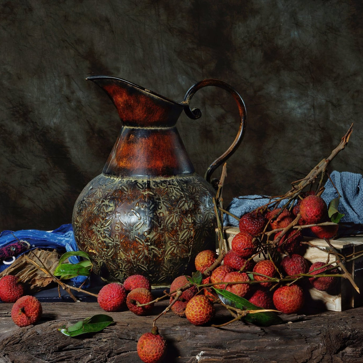 Lychee Branch and Antique Pitcher - Still Life Oil Painting - Oil Painting Haven