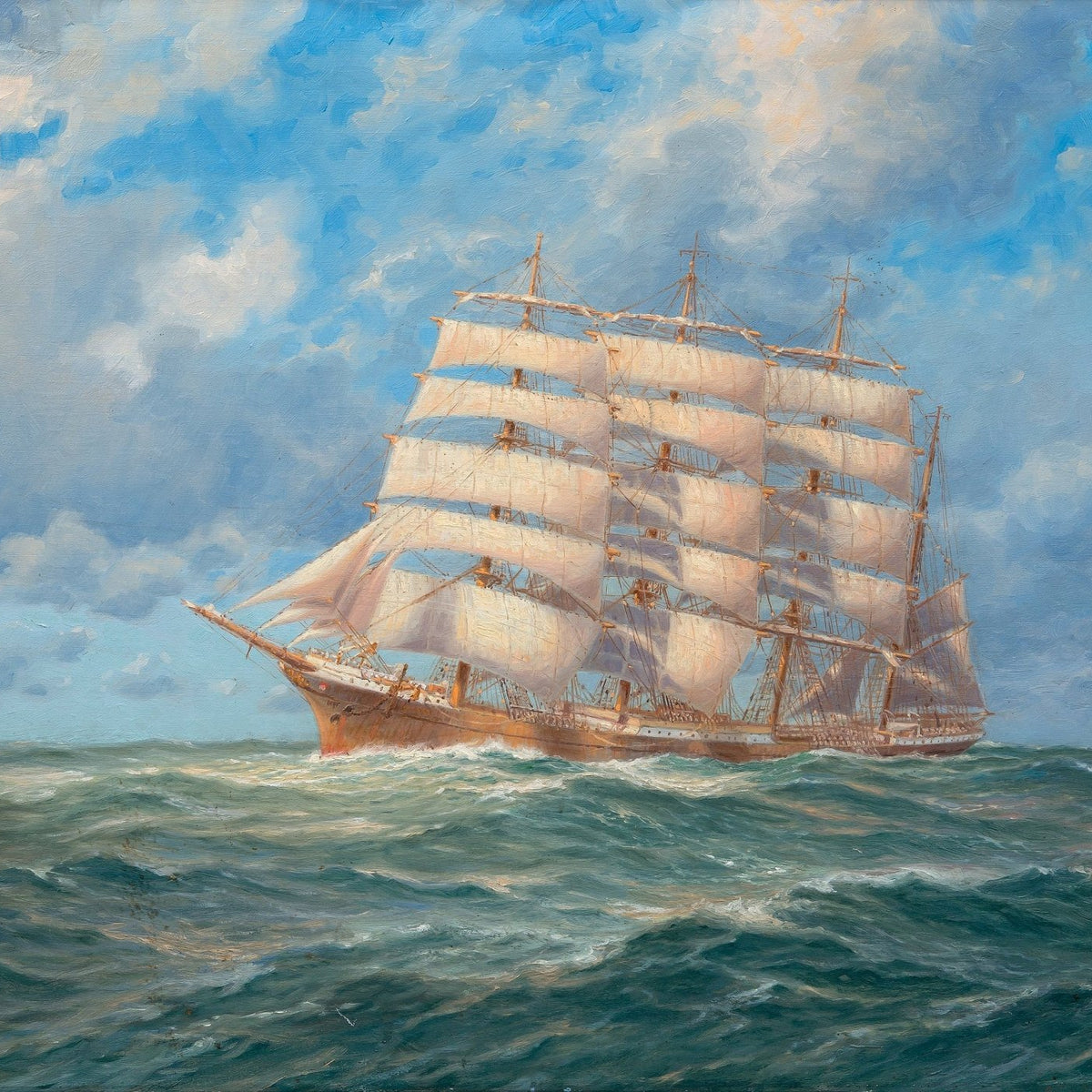 Hand-painted clipper ship sailing on open sea nautical oil painting on canvas