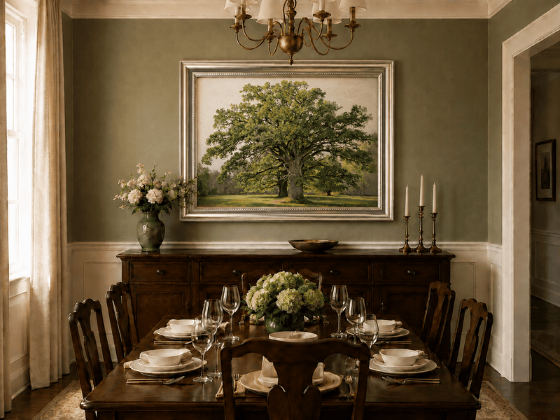Framed hand-painted meadow oil painting with a majestic spreading oak tree displayed above a formal dining table.