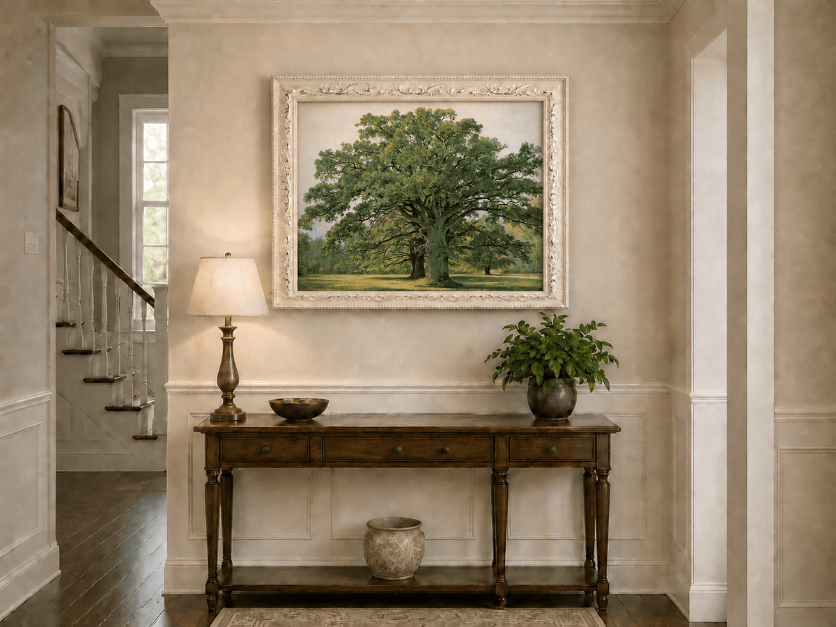 Framed hand-painted meadow oil painting with a majestic spreading oak tree displayed above an entryway console table.