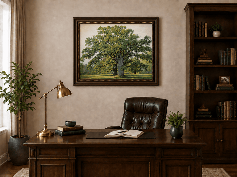 Framed hand-painted meadow oil painting with a majestic spreading oak tree displayed above a traditional home office desk.