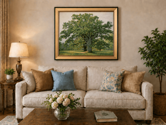 Framed hand-painted meadow oil painting with a majestic spreading oak tree displayed above a neutral living room sofa.