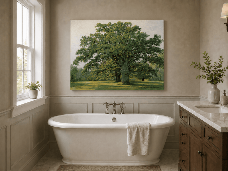 Unframed hand-painted meadow oil painting with a majestic spreading oak tree displayed above a freestanding bathtub.