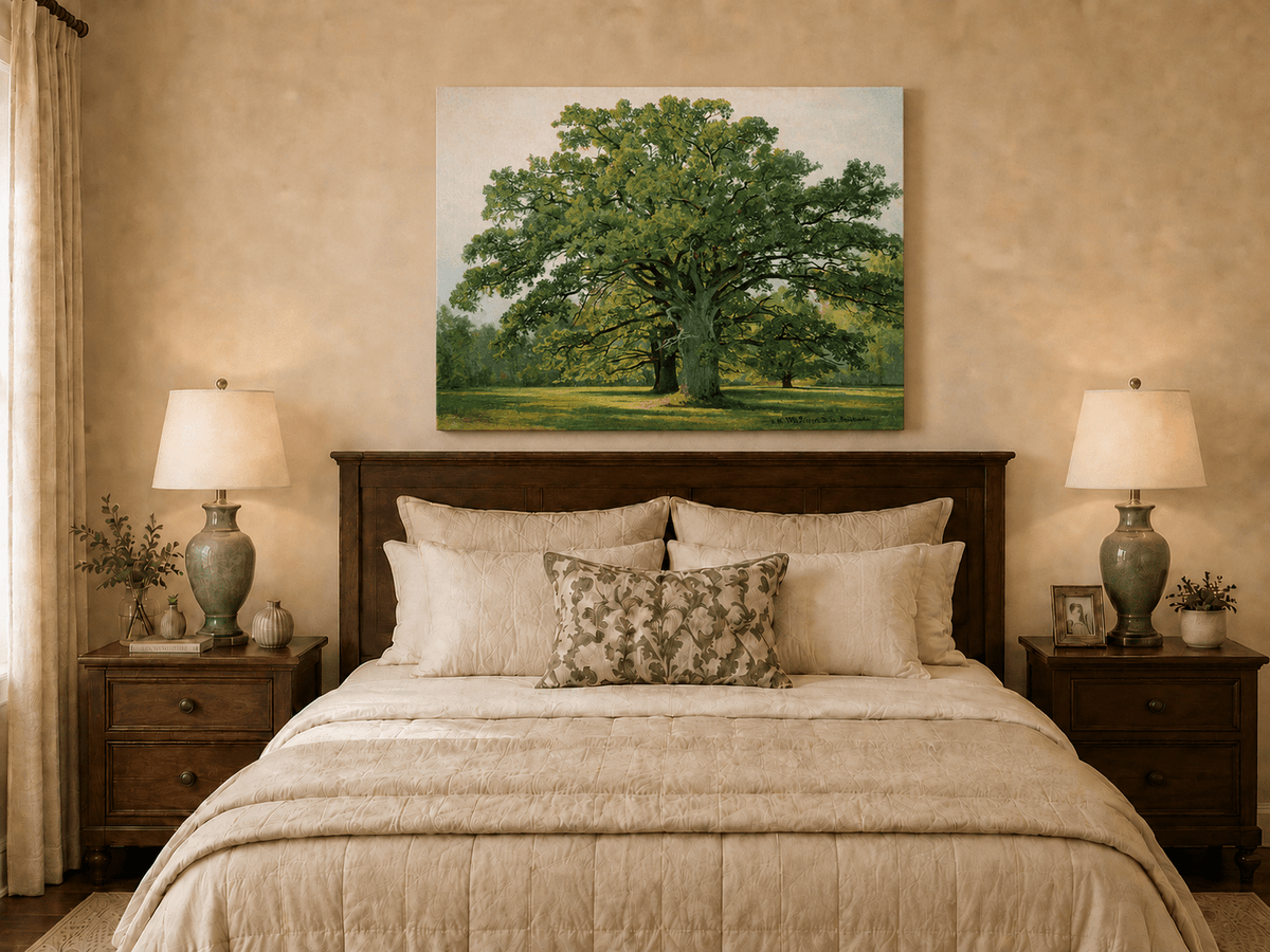 Unframed hand-painted meadow oil painting with a majestic spreading oak tree displayed above a wooden bed in a neutral bedroom.
