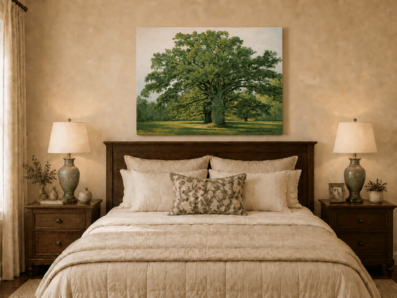 Unframed hand-painted meadow oil painting with a majestic spreading oak tree displayed above a wooden bed in a neutral bedroom.