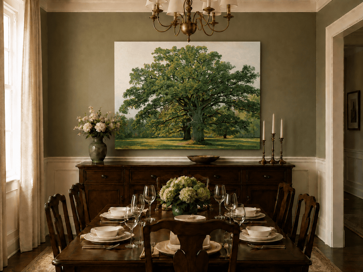 Unframed hand-painted meadow oil painting with a majestic spreading oak tree displayed above a formal dining table.