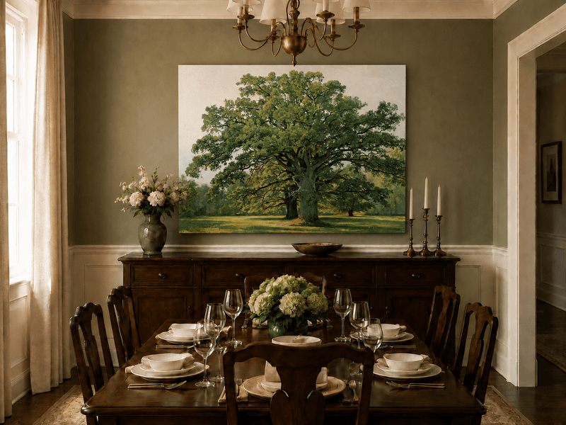 Unframed hand-painted meadow oil painting with a majestic spreading oak tree displayed above a formal dining table.