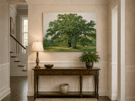 Unframed hand-painted meadow oil painting with a majestic spreading oak tree displayed above an entryway console table.