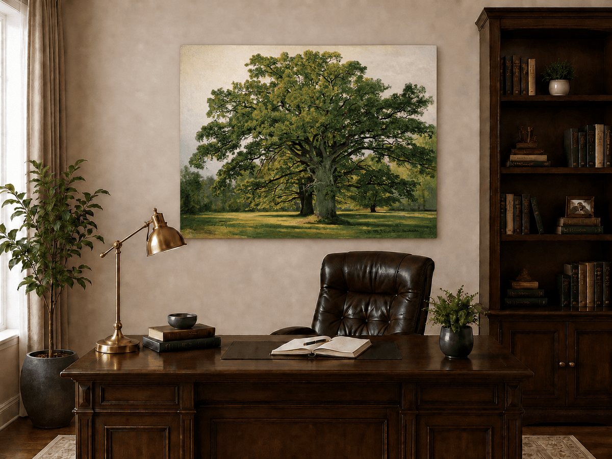 Unframed hand-painted meadow oil painting with a majestic spreading oak tree displayed above a traditional home office desk.