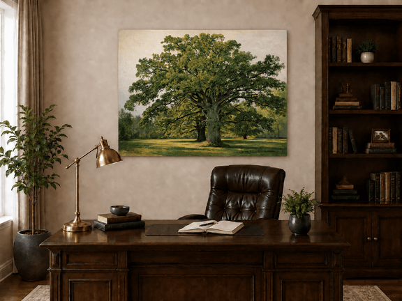 Unframed hand-painted meadow oil painting with a majestic spreading oak tree displayed above a traditional home office desk.