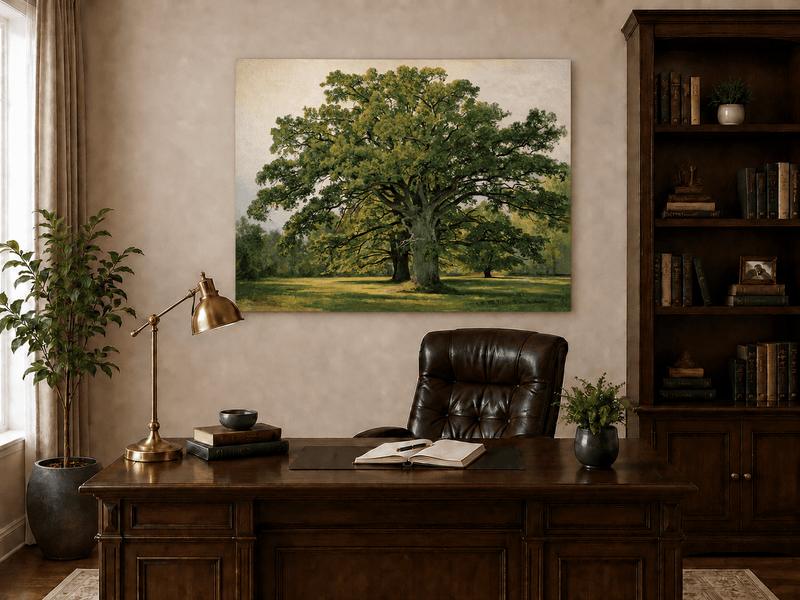 Unframed hand-painted meadow oil painting with a majestic spreading oak tree displayed above a traditional home office desk.
