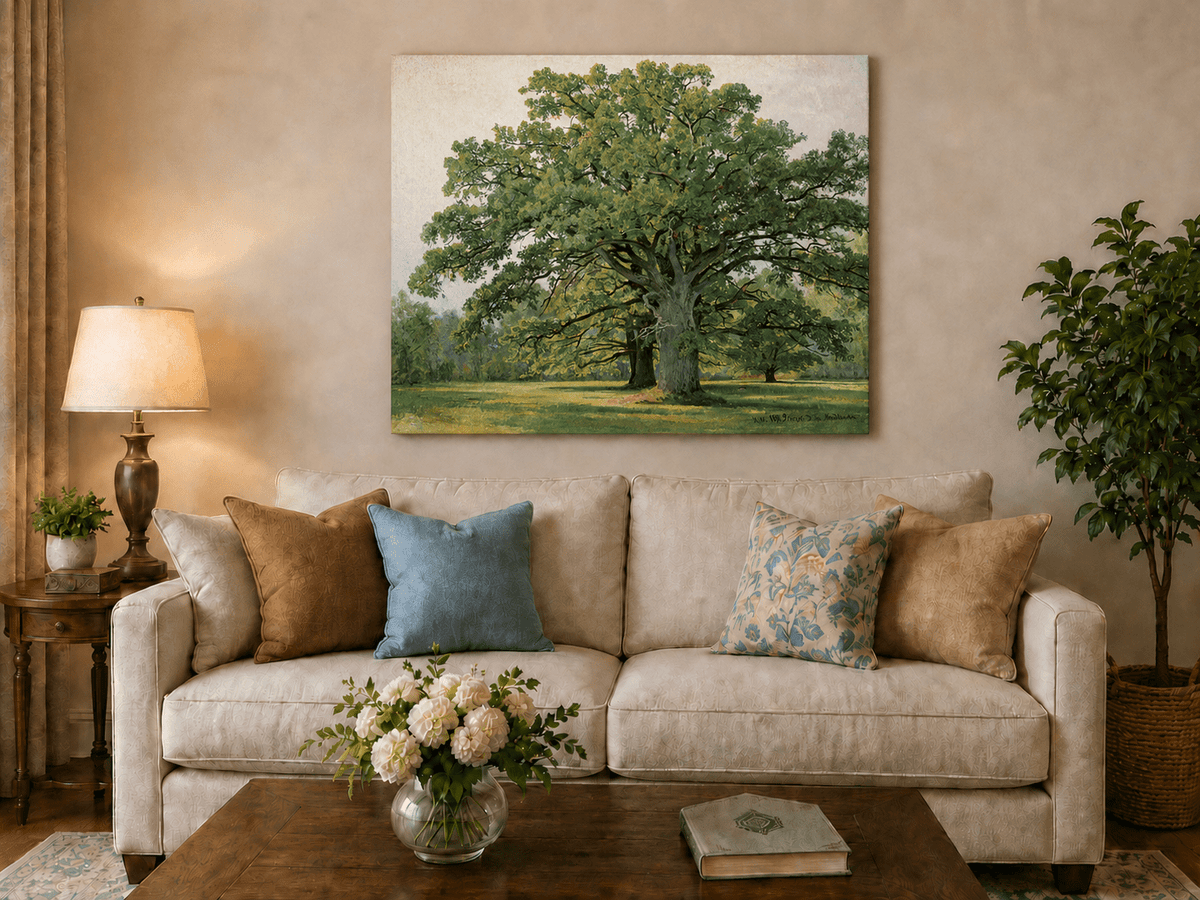 Unframed hand-painted meadow oil painting with a majestic spreading oak tree displayed above a neutral living room sofa.