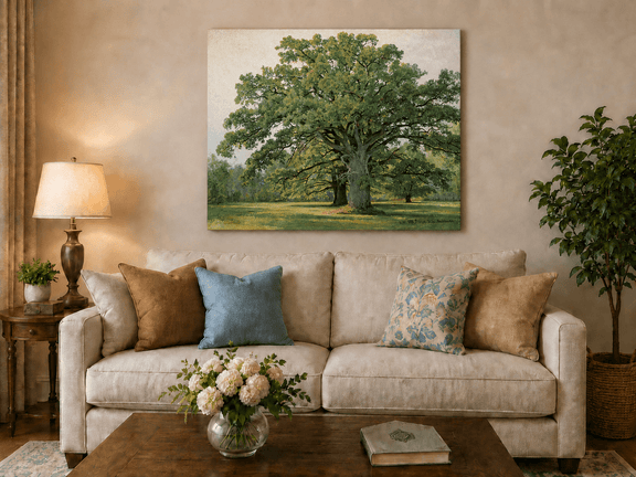 Unframed hand-painted meadow oil painting with a majestic spreading oak tree displayed above a neutral living room sofa.