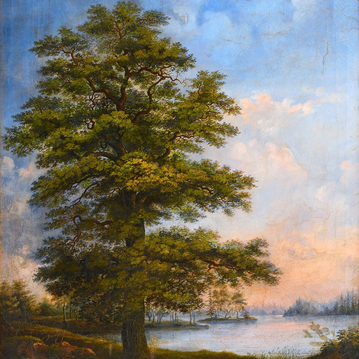 Majestic Tree by a Quiet Lakeside at Sunset – Landscape Oil Painting - Oil Painting Haven