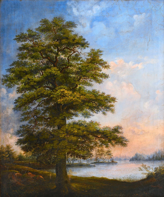Majestic Tree by a Quiet Lakeside at Sunset – Landscape Oil Painting - Oil Painting Haven