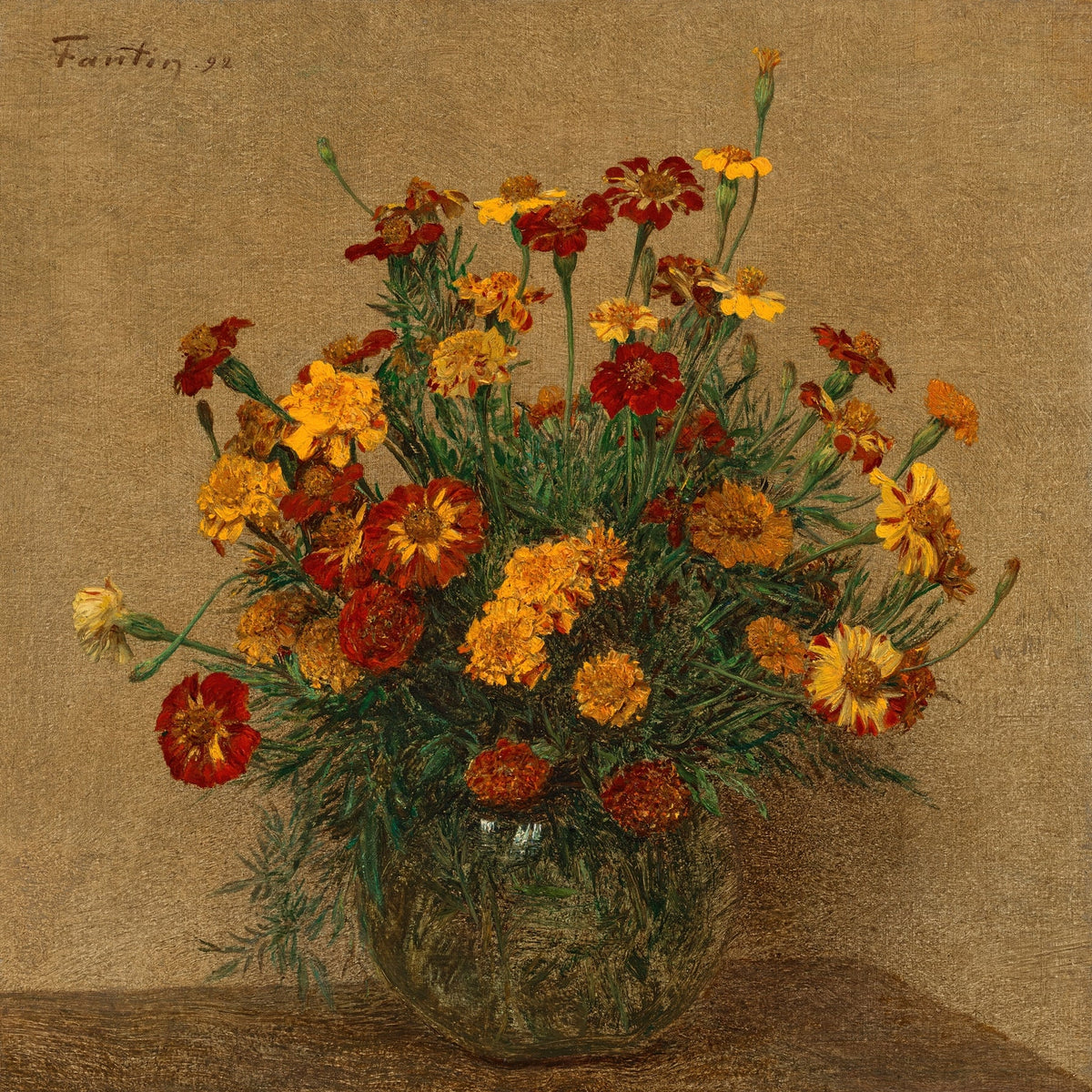 Marigold Bouquet in Glass Vase Still Life - Floral Oil Painting - Oil Painting Haven