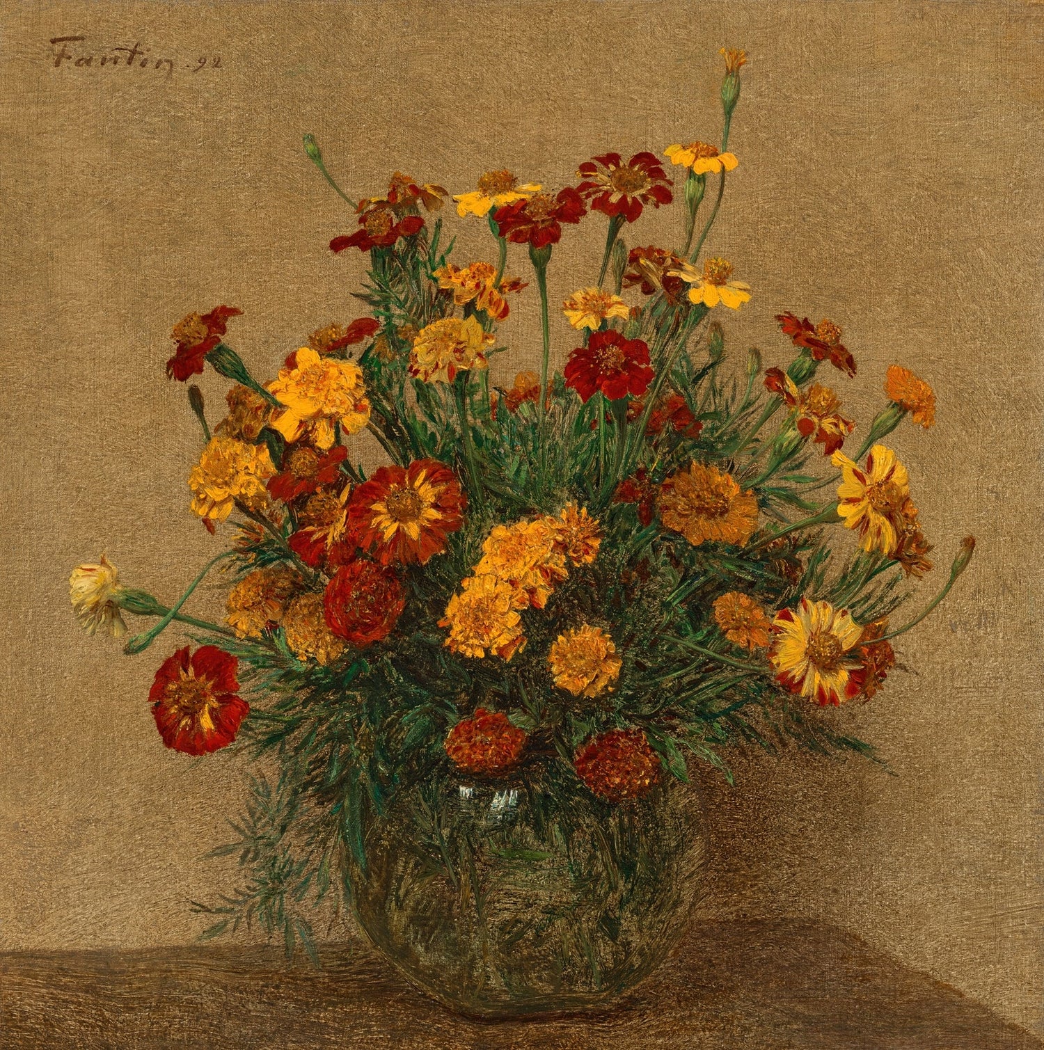 Marigold Bouquet in Glass Vase Still Life - Floral Oil Painting - Oil Painting Haven