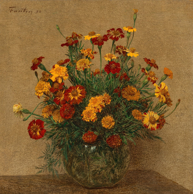 Marigold Bouquet in Glass Vase Still Life - Floral Oil Painting - Oil Painting Haven