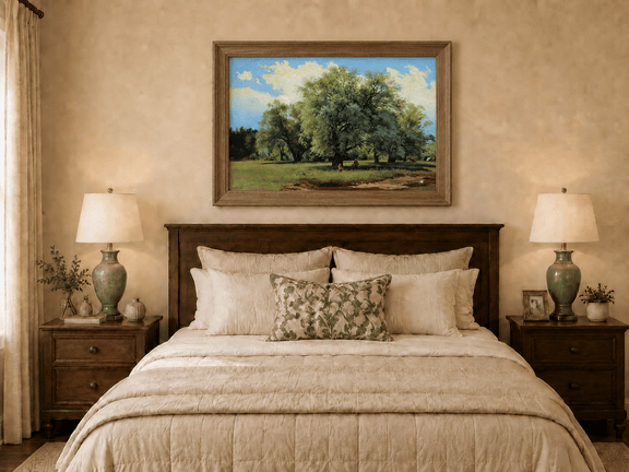 Framed hand-painted meadow oil painting with trees and small figures displayed above a wooden bed in a neutral bedroom.