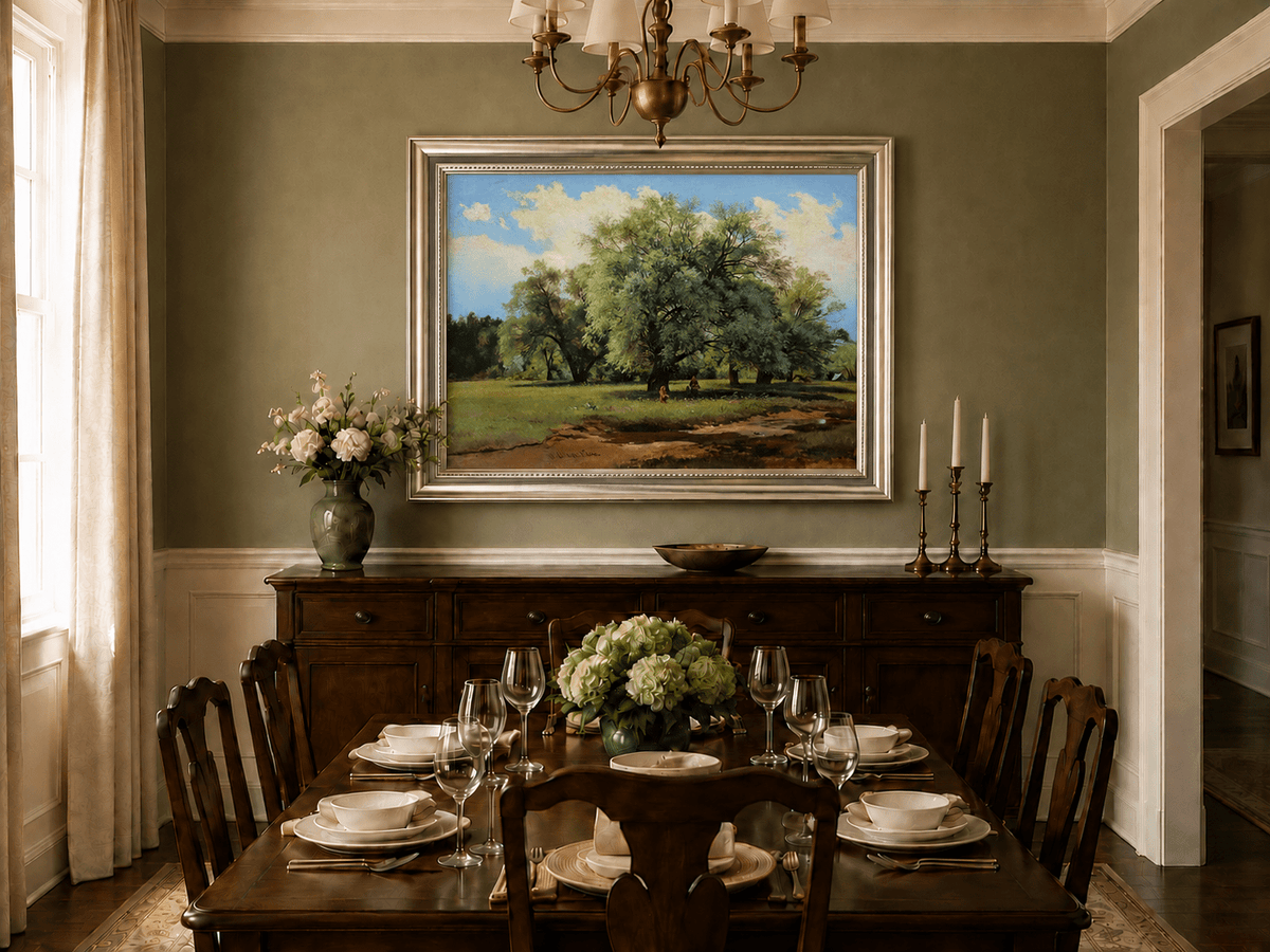 Framed hand-painted meadow oil painting with trees and small figures displayed above a formal dining table.