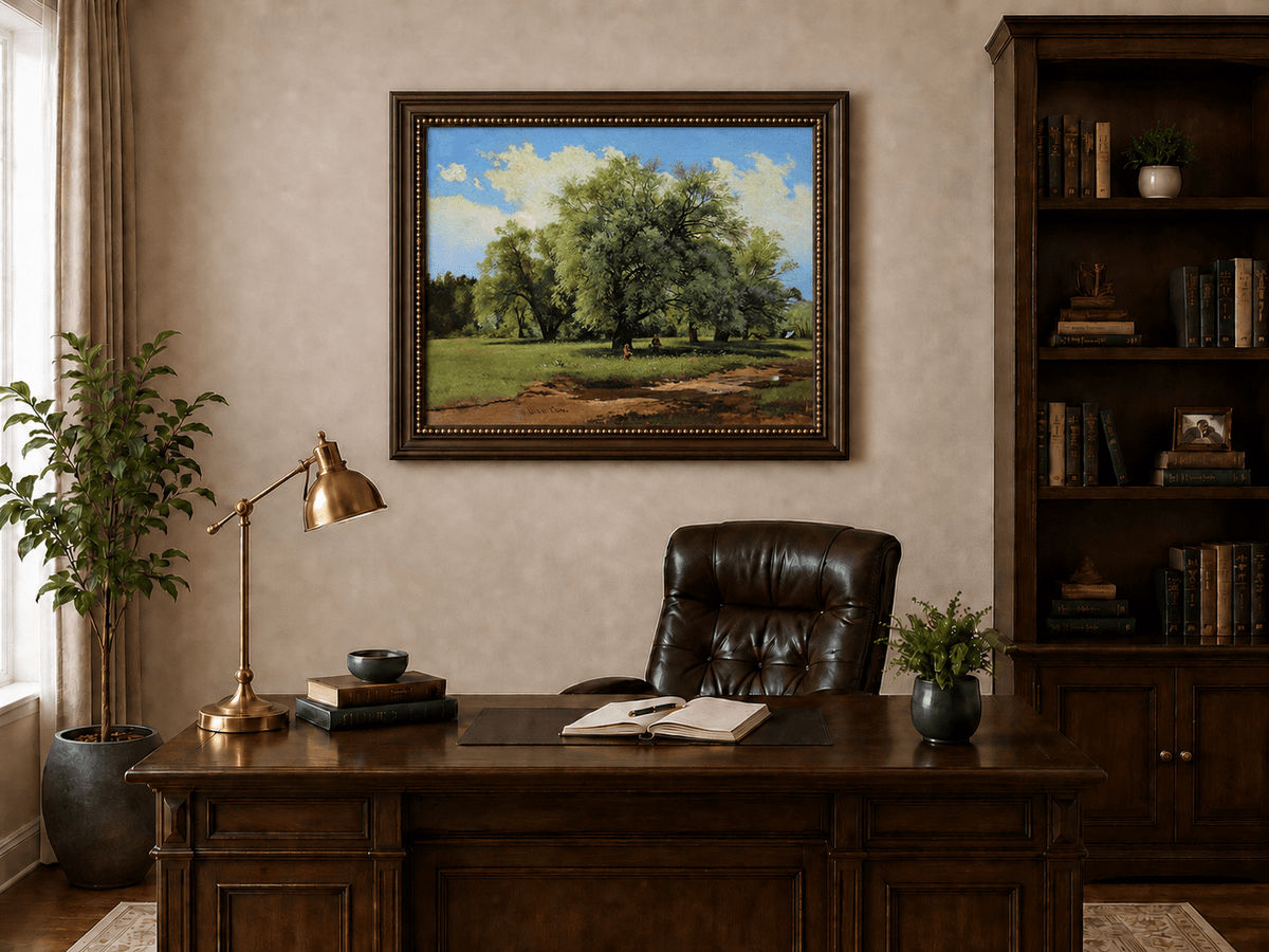 Framed hand-painted meadow oil painting with trees and small figures displayed above a traditional home office desk.