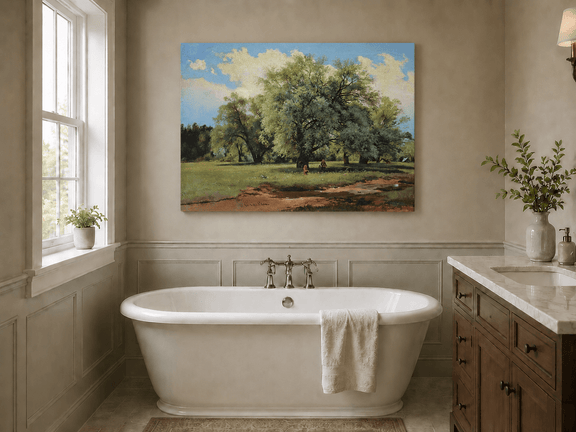 Unframed hand-painted meadow oil painting with trees and small figures displayed above a freestanding bathtub.