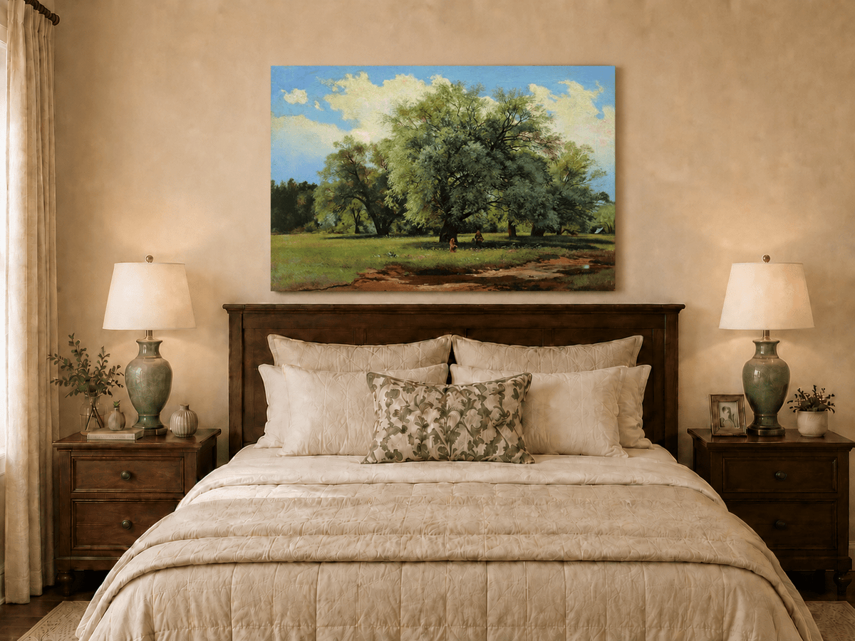 Unframed hand-painted meadow oil painting with trees and small figures displayed above a wooden bed in a neutral bedroom.