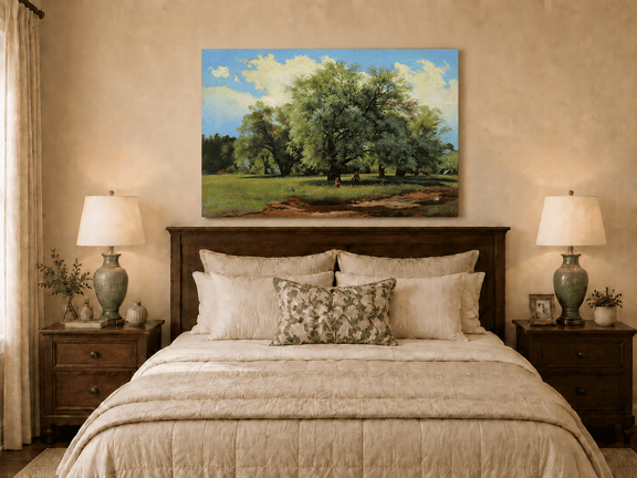Unframed hand-painted meadow oil painting with trees and small figures displayed above a wooden bed in a neutral bedroom.
