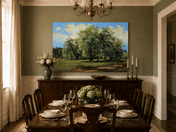 Unframed hand-painted meadow oil painting with trees and small figures displayed above a formal dining table.