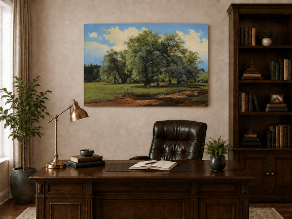 Unframed hand-painted meadow oil painting with trees and small figures displayed above a traditional home office desk.