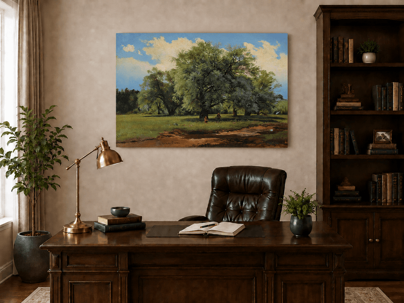 Unframed hand-painted meadow oil painting with trees and small figures displayed above a traditional home office desk.