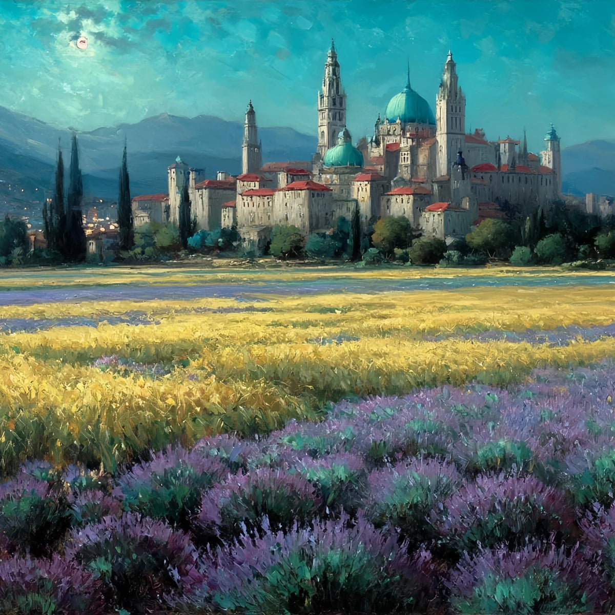Medieval Castle Lavender Fields Original Oil Painting For Sale - Oil Painting Haven