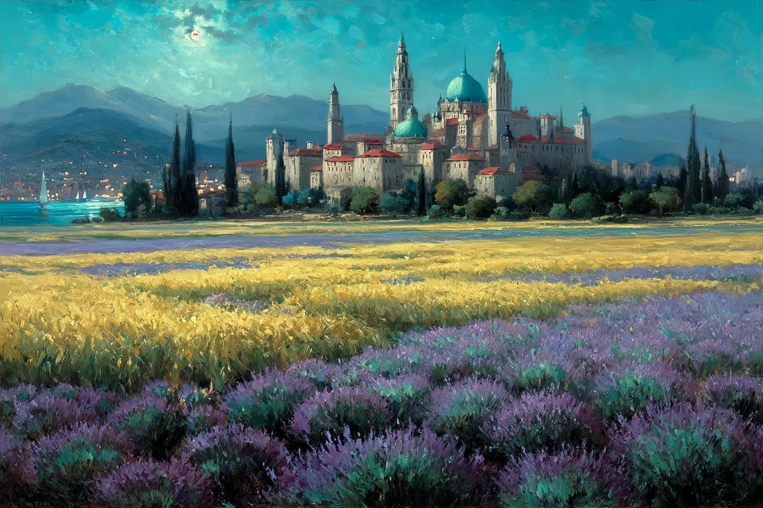 Medieval Castle Lavender Fields Original Oil Painting For Sale - Oil Painting Haven