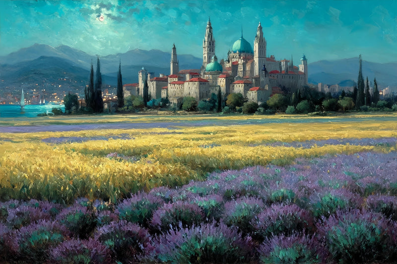 Medieval Castle Lavender Fields Original Oil Painting For Sale - Oil Painting Haven