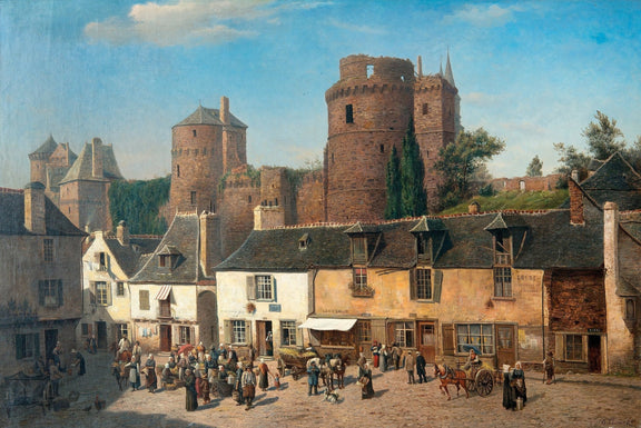 Medieval Town Square, Castle, Market Scene – Landscape Oil Painting - Oil Painting Haven