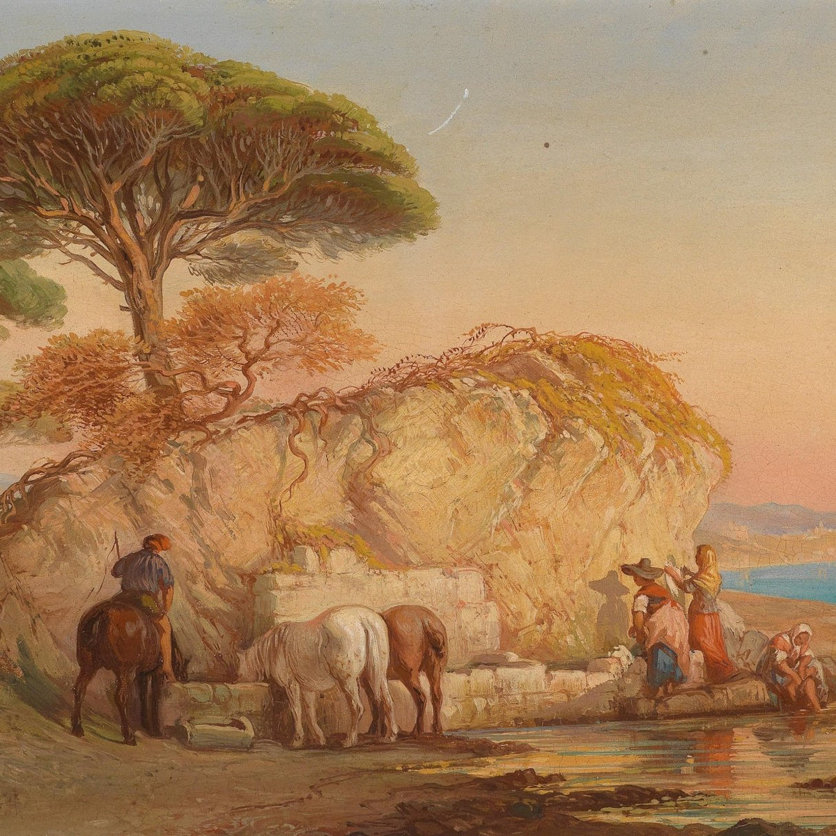 Mediterranean Coastal Scene, Horses, Cliffs – Landscape Oil Painting - Oil Painting Haven