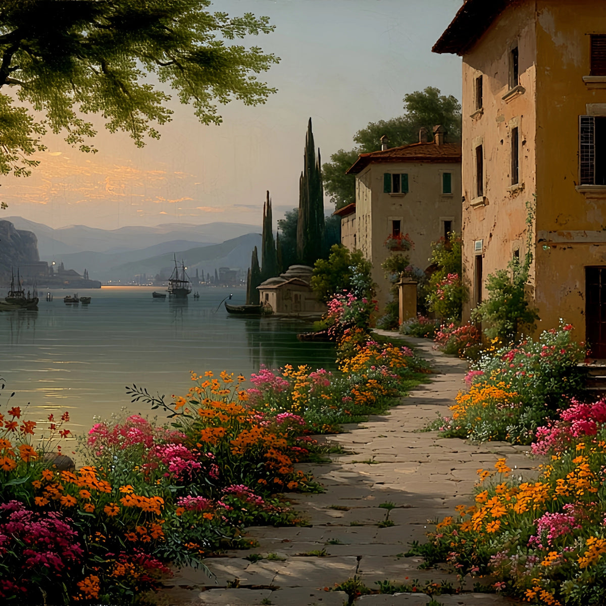 Mediterranean Coastal Town Original Oil Painting For Sale - Oil Painting Haven