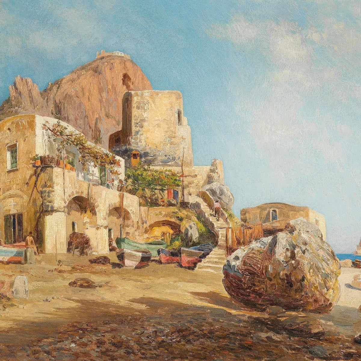 Mediterranean Coastal Village, Fishing Boats – Landscape Oil Painting - Oil Painting Haven
